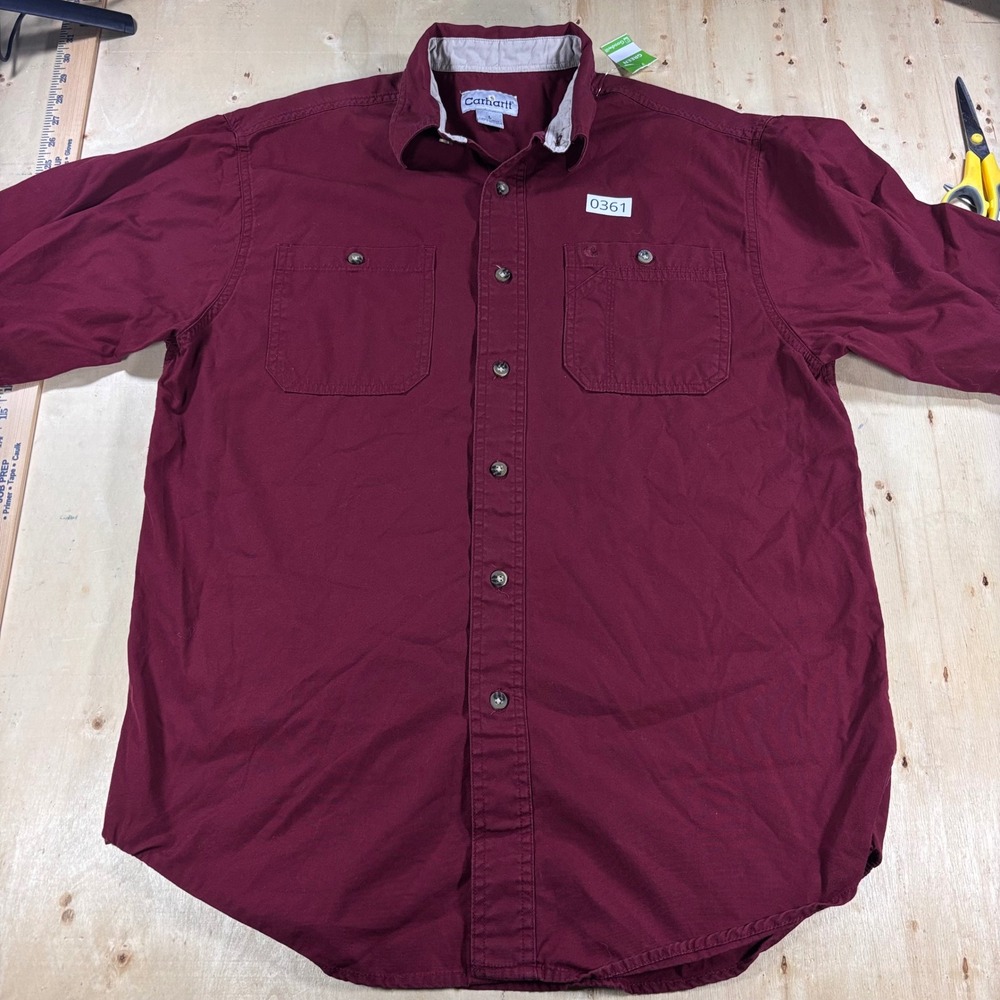 Carhartt Mens Large Burgundy Long Sleeve Button Down Work Shirt 100% Cotton